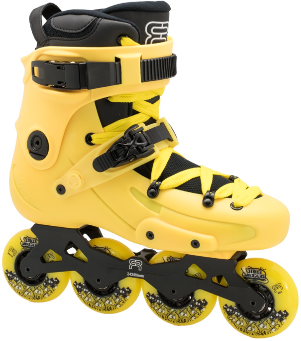 A yellow inline skate, named FR 1 80, with 4 wheels of 80 mm